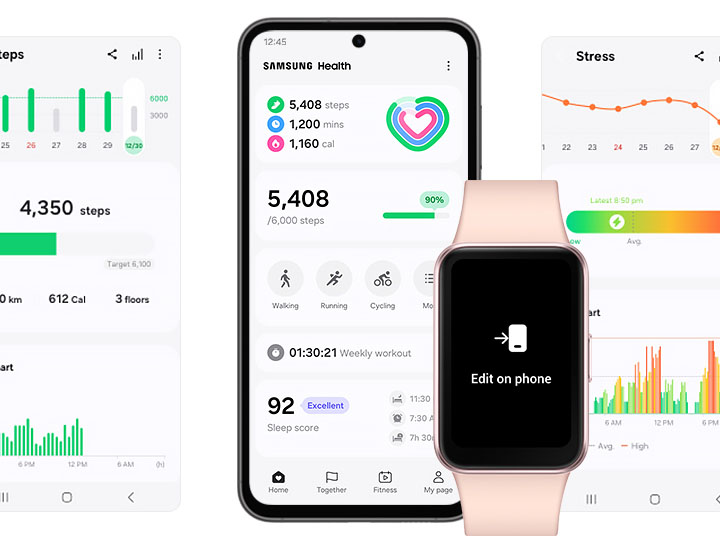 Vemos um smartphone Galaxy exibindo a tela inicial do Samsung Health e, ao lado dele, um Galaxy Fit3 exibindo a tela 'Editar no telefone' para indicar o emparelhamento do dispositivo. À esquerda e à direita deles estão outras telas do aplicativo Samsung Health.