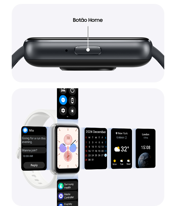 Vemos um Galaxy Fit3 exibindo o lado do botão Home em close-up com o texto 'Botão Home'. Ao lado dele está o Galaxy Fit3 com várias telas, incluindo a previsão do tempo e o relógio mundial, que se estendem para fora da tela de quatro maneiras para indicar a facilidade de navegação.