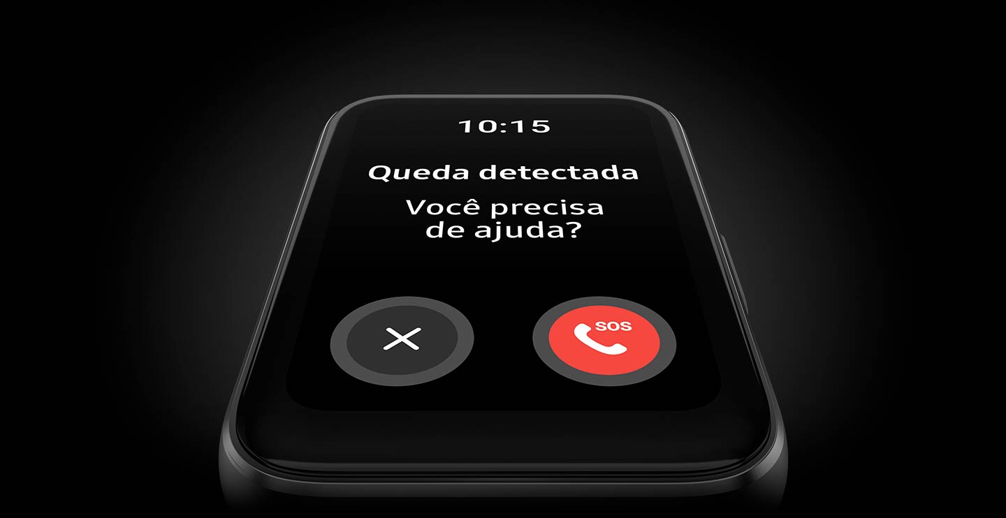 Vemos um Galaxy Fit3 exibindo a tela de detecção de queda em close-up, perguntando 'Precisa de ajuda?' com um botão de chamada SOS e um botão de cancelamento.