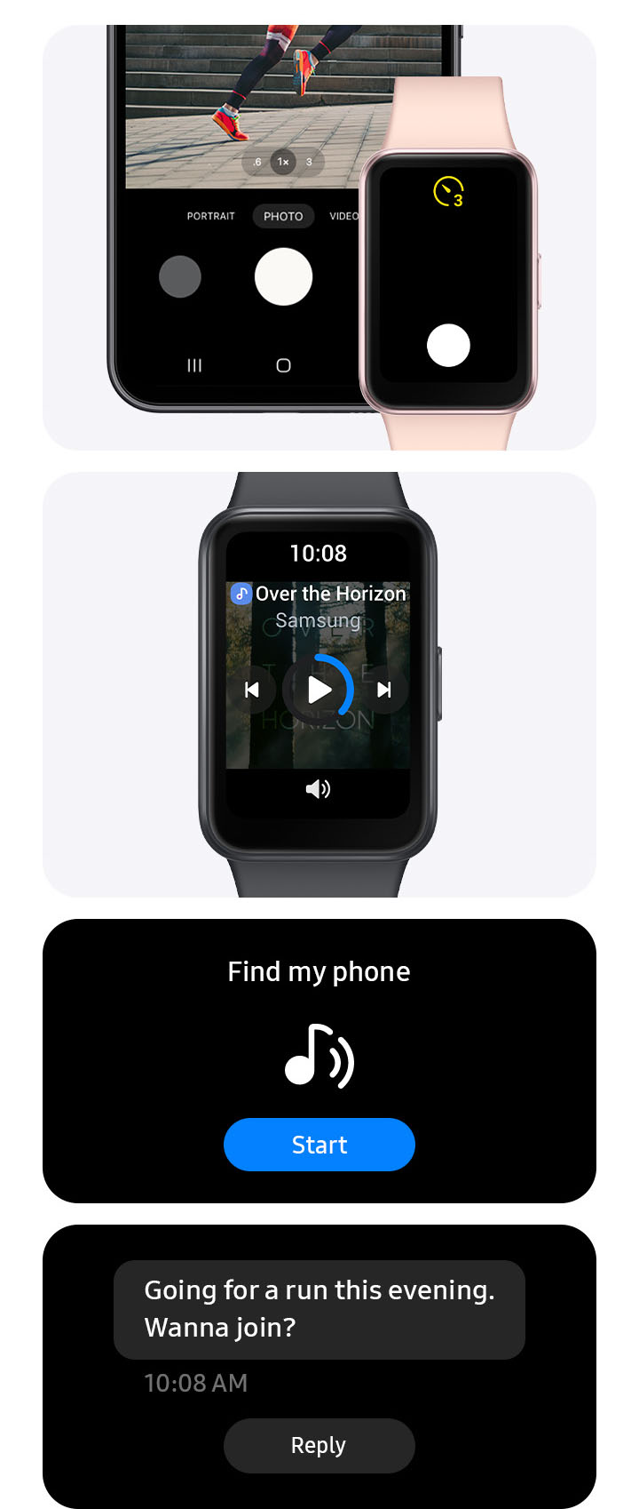 Quatro blocos, cada um mostrando um recurso de controle de telefone diferente. Um com um Galaxy Fit3 controlando remotamente a câmera de um smartphone Galaxy capturando uma foto de uma mulher correndo ao ar livre. Outro com um Galaxy Fit3 exibindo o controlador de mídia. Outro com o texto 'Find my phone' e um botão de início. O outro mostra um bate-papo de mensagem de texto com uma resposta rápida.