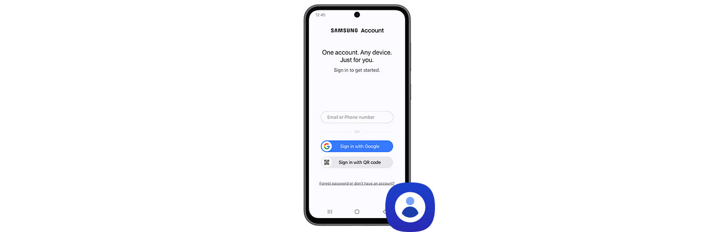 Um smartphone Galaxy exibindo a página de login da Conta Samsung com o ícone da conta Samsung no canto inferior direito.