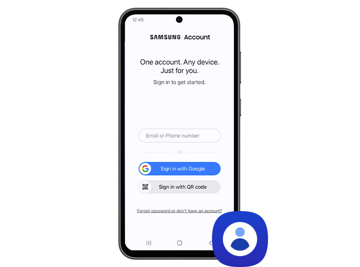 Um smartphone Galaxy exibindo a página de login da Conta Samsung com o ícone da conta Samsung no canto inferior direito.