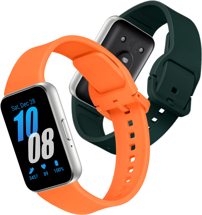 Galaxy Fit3 mostrados com suas pulseiras Laranja e Verde-Escuro entrelaçadas.