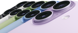 Parte de trás do iPhone 17, sistema de câmera dupla Fusion, as 5 cores se sobrepondo: preto, branco, sálvia, azul-névoa e lavanda