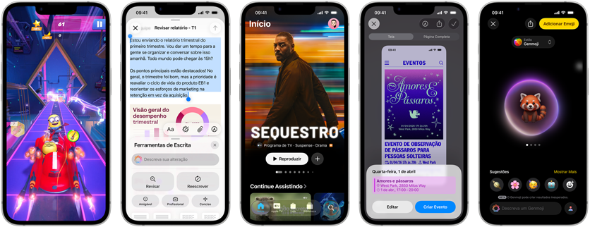 Aparelhos iPhone 17e lado a lado mostrando telas diferentes: um jogo em andamento, Ferramentas de Escrita, app Apple TV, um evento do calendário sendo criado, um Genmoji sendo criado