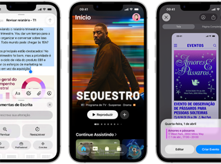 Aparelhos iPhone 17e lado a lado mostrando telas diferentes: um jogo em andamento, Ferramentas de Escrita, app Apple TV, um evento do calendário sendo criado, um Genmoji sendo criado