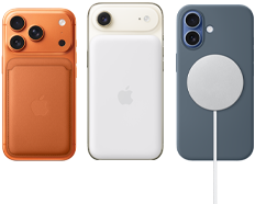 Parte de trás do iPhone 17 Pro laranja-cósmico, com carteira de tecido FineWoven com MagSafe na cor laranja-raposa. Parte de trás do iPhone Air dourado-claro, com bateria MagSafe. Parte de trás do iPhone 17 azul-névoa, com capa de silicone na cor azul-âncora e carregador MagSafe