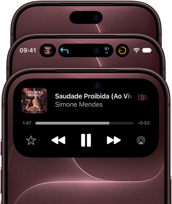 Três aparelhos iPhone 18 Pro na cor bordô em leque para mostrar a Dynamic Island nos diferentes modos: desativada, minimizada e maximizada