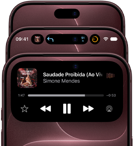 Três aparelhos iPhone 18 Pro na cor bordô em leque para mostrar a Dynamic Island nos diferentes modos: desativada, minimizada e maximizada