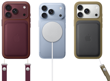 Parte de trás do iPhone 17 Pro laranja-cósmico com carteira de tecido FineWoven com MagSafe na cor laranja-raposa, parte de trás do iPhone Air dourado-claro com bateria MagSafe, parte de trás do iPhone 17 azul-névoa com capa de silicone na cor azul-âncora e carregador MagSafe