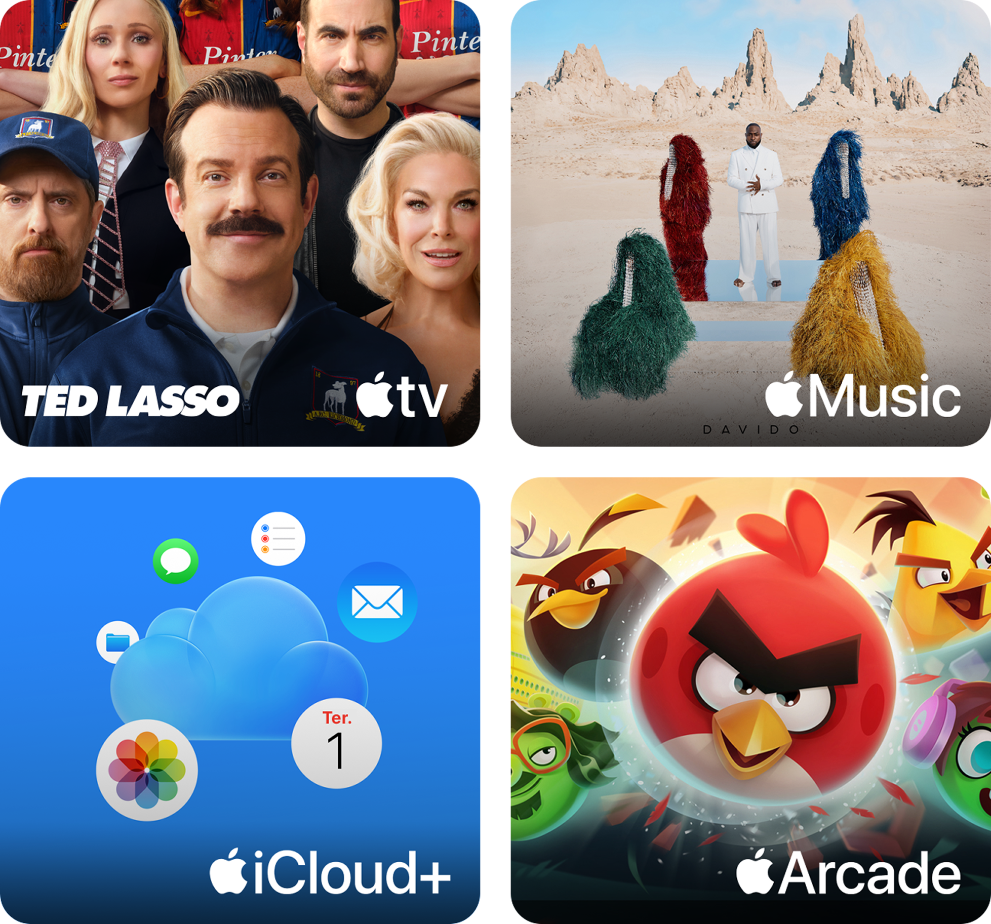 Colagem com quatro imagens de serviços da Apple: Apple TV+ representado pela série Ted Lasso, Apple Music com o cantor Davido, iCloud+ com ícones de armazenamento e aplicativos, e Apple Arcade com personagens de Angry Birds.
