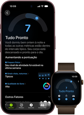 Tela do iPhone 18 Pro preto mostrando os resultados do status de Prontidão (pontuação de 7) emparelhado com a tela do Apple Watch marrom mostrando a mesma pontuação de Prontidão