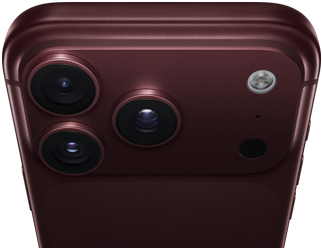 Parte de trás do iPhone 18 Pro Max na cor bordô (vermelho-escuro), sistema de câmera Fusion Pro na parte superior, três lentes, aberturas variáveis parcialmente fechadas, flash, microfone e Scanner LiDAR. Parte externa superior com antena celular, laterais planas e bordas arredondadas