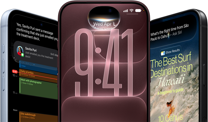iPhone 18 prateado, bordô e preto mostrando exemplos da Siri AI: Mapas e Tempo
