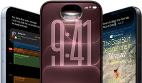 iPhone 18 prateado, bordô e preto mostrando exemplos da Siri AI: Mapas e Tempo