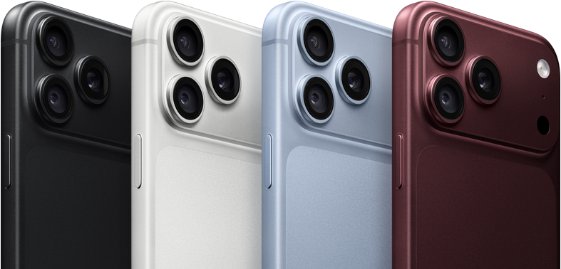Parte de trás de quatro aparelhos iPhone 18 Pro enfileirados nas quatro cores: bordô, glacial, prateado e preto, mostrando o sistema de câmera Fusion Pro no canto superior esquerdo, com três lentes, microfone e flash