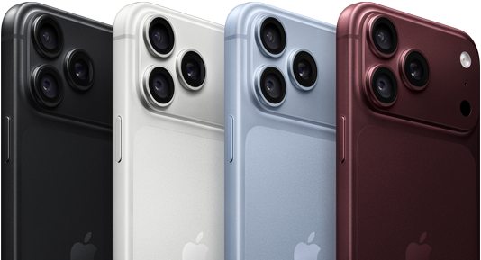 Parte de trás de quatro aparelhos iPhone 18 Pro enfileirados nas quatro cores: bordô, glacial, prateado e preto, mostrando o sistema de câmera Fusion Pro no canto superior esquerdo, com três lentes, microfone e flash