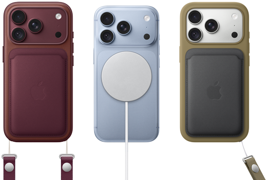 Parte de trás do iPhone 17 Pro laranja-cósmico com carteira de tecido FineWoven com MagSafe na cor laranja-raposa, parte de trás do iPhone Air dourado-claro com bateria MagSafe, parte de trás do iPhone 17 azul-névoa com capa de silicone na cor azul-âncora e carregador MagSafe