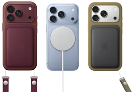 Parte de trás do iPhone 17 Pro laranja-cósmico com carteira de tecido FineWoven com MagSafe na cor laranja-raposa, parte de trás do iPhone Air dourado-claro com bateria MagSafe, parte de trás do iPhone 17 azul-névoa com capa de silicone na cor azul-âncora e carregador MagSafe