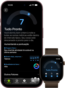 Tela do iPhone 18 Pro preto mostrando os resultados do status de Prontidão (pontuação de 7) emparelhado com a tela do Apple Watch marrom mostrando a mesma pontuação de Prontidão