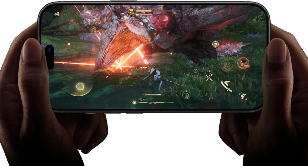 Tela do iPhone 18 Pro mostrando uma cena do jogo Monster Hunter Outlanders para demonstrar o desempenho do chip A20 Pro