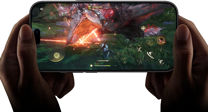 Tela do iPhone 18 Pro mostrando uma cena do jogo Monster Hunter Outlanders para demonstrar o desempenho do chip A20 Pro