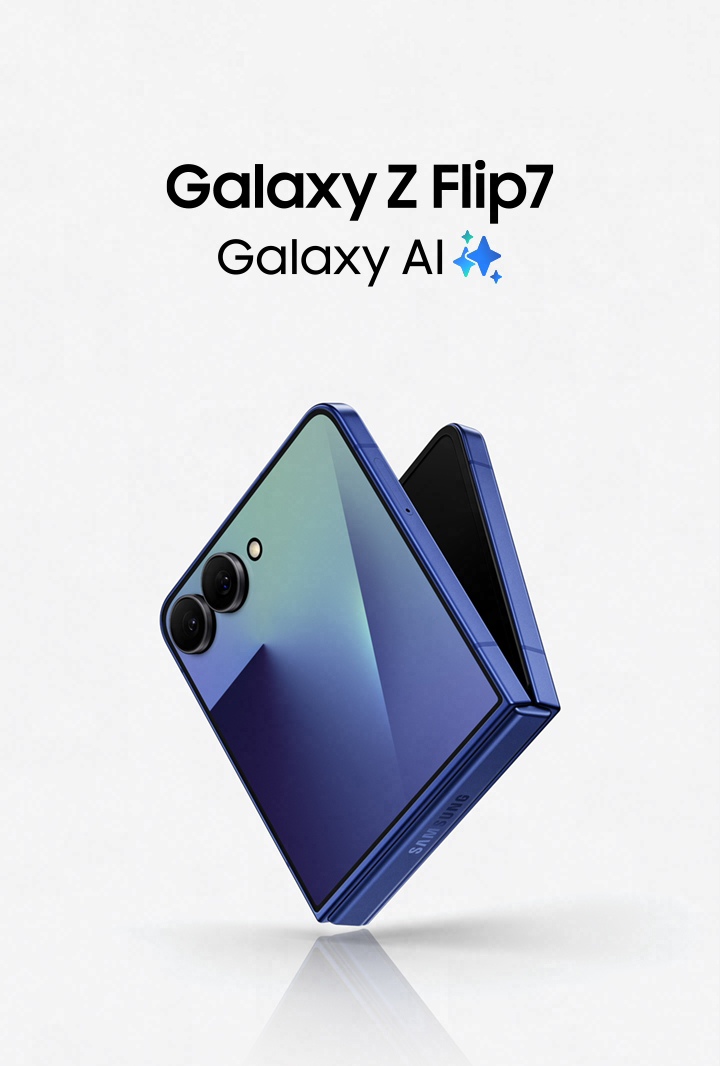 Vemos um Galaxy Z Flip7 na cor Azul levemente desdobrado, exibindo a tela externa. Galaxy AI.