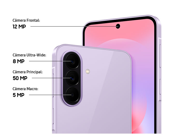 Close no sistema de Câmeras Triplas na parte de trás do Galaxy A37 5G na cor Lavanda e close na Câmera Frontal. O Galaxy A37 5G vem equipado com uma Câmera Ultra-Wide de 8 MP, uma Câmera Principal de 50 MP e uma Câmera Macro de 5 MP na parte traseira, além da Câmera Frontal de 12 MP.