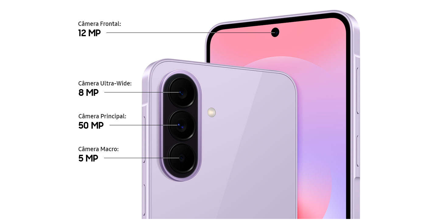 Close no sistema de Câmeras Triplas na parte de trás do Galaxy A37 5G na cor Lavanda e close na Câmera Frontal. O Galaxy A37 5G vem equipado com uma Câmera Ultra-Wide de 8 MP, uma Câmera Principal de 50 MP e uma Câmera Macro de 5 MP na parte traseira, além da Câmera Frontal de 12 MP.