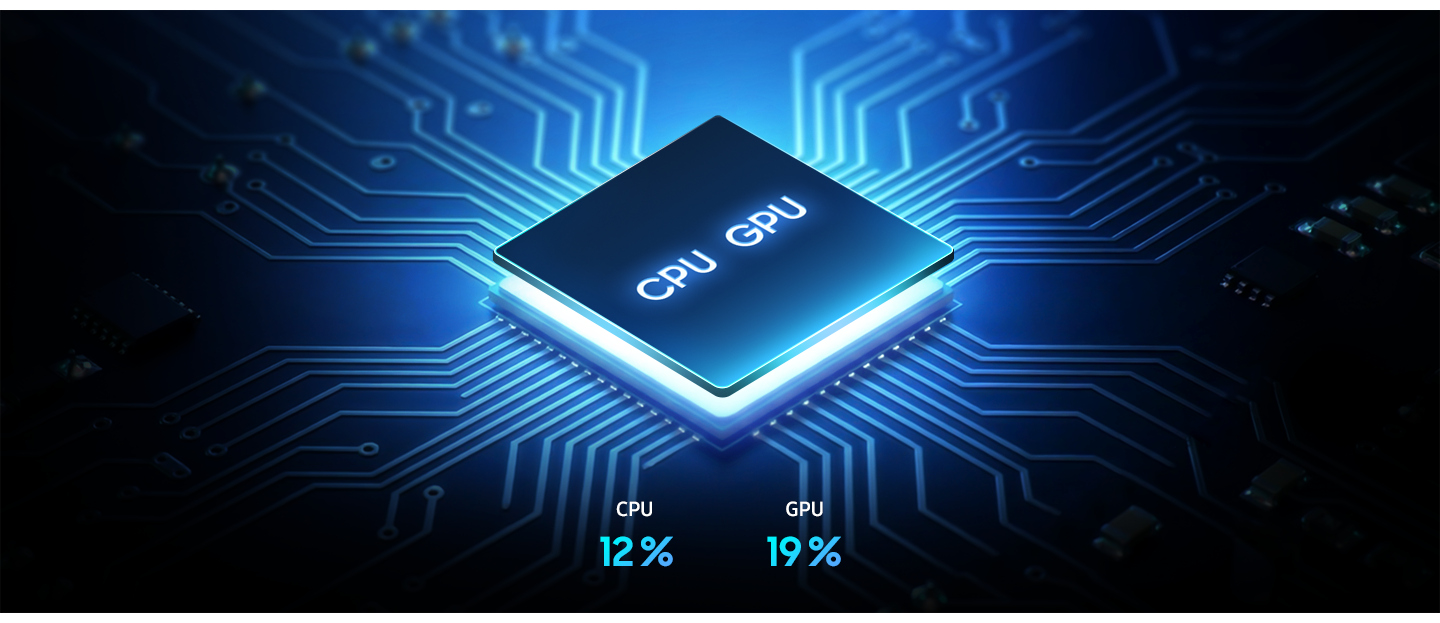 O chip do processador Octa-core do Galaxy A37 5G aparece sobre uma grade. O desempenho da CPU foi aprimorado em 12% e o da GPU em 19%.
