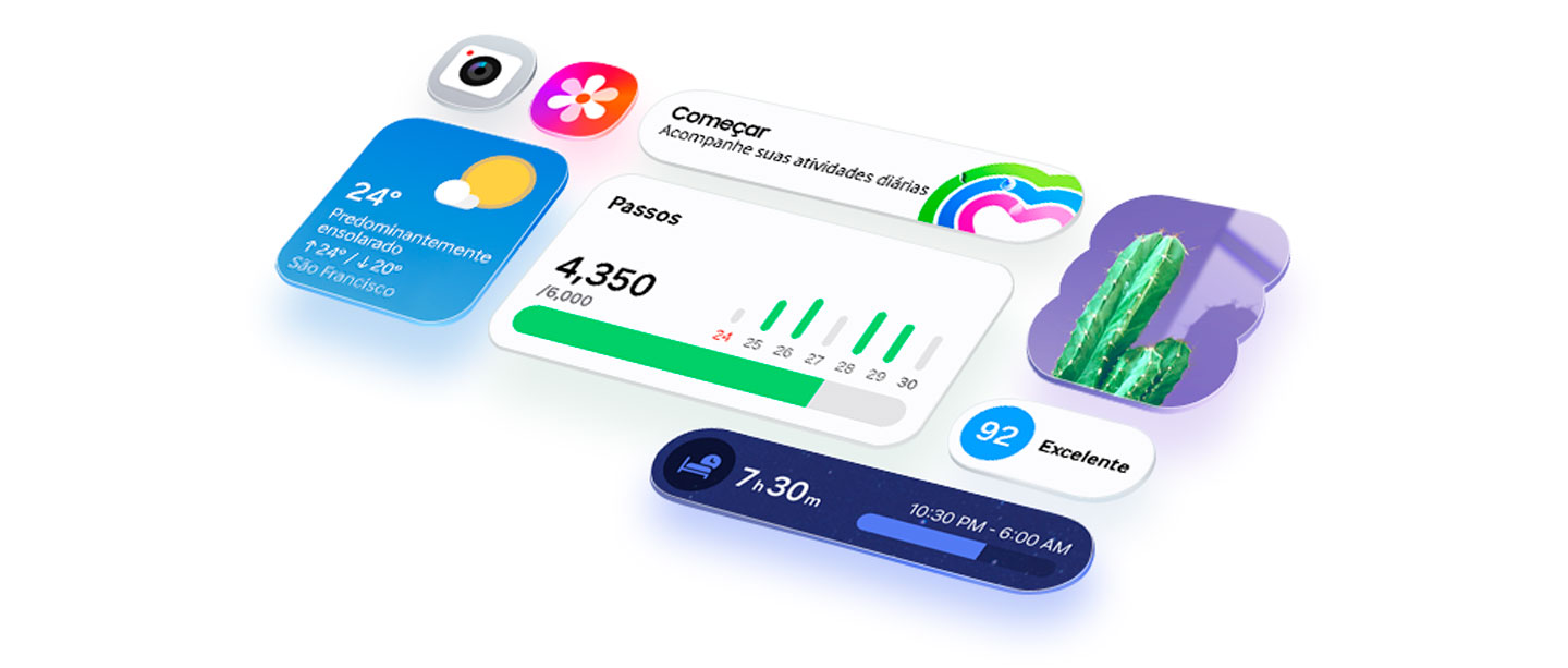 Diversos &iacute;cones e widgets de aplicativos da One UI 8.5 aparecem organizados em uma grade, destacando seu visual intuitivo.