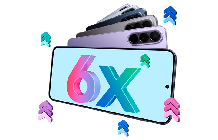 Um Galaxy A57 5G Azul Escuro aparece voltado para a frente com o texto na tela: "6x Atualiza&ccedil;&otilde;es de Sistema Operacional". O Galaxy A57 5G inclui 6 atualiza&ccedil;&otilde;es de sistema operacional e 6 anos de atualiza&ccedil;&otilde;es de seguran&ccedil;a.