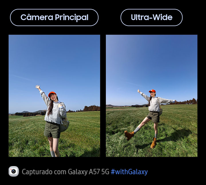 Duas fotos em modo retrato de uma jovem em um campo gramado aberto sob um c&eacute;u azul, capturadas com a C&acirc;mera Principal e a Ultra-Wide do Galaxy A57 5G. Os detalhes da imagem s&atilde;o aprimorados com melhor qualidade gra&ccedil;as &agrave; Segmenta&ccedil;&atilde;o por AI. Na parte inferior, aparece um &iacute;cone de c&acirc;mera com o texto "Capturado com Galaxy A57 5G" e a hashtag #withGalaxy.