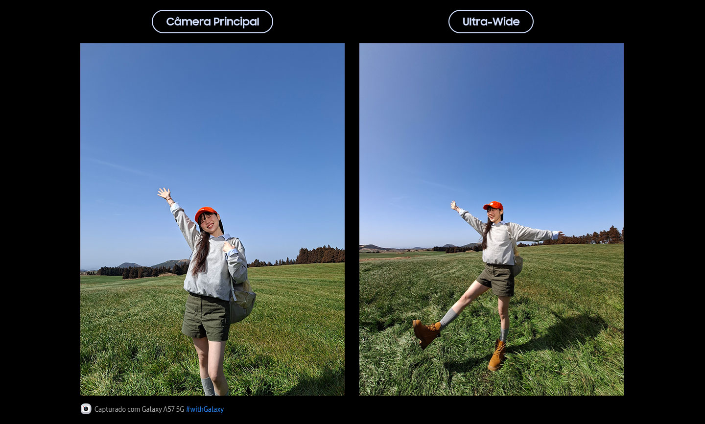 Duas fotos em modo retrato de uma jovem em um campo gramado aberto sob um c&eacute;u azul, capturadas com a C&acirc;mera Principal e a Ultra-Wide do Galaxy A57 5G. Os detalhes da imagem s&atilde;o aprimorados com melhor qualidade gra&ccedil;as &agrave; Segmenta&ccedil;&atilde;o por AI. Na parte inferior, aparece um &iacute;cone de c&acirc;mera com o texto "Capturado com Galaxy A57 5G" e a hashtag #withGalaxy.