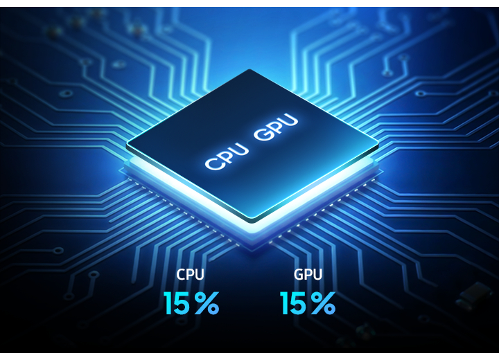 O chip do processador Octa-core do Galaxy A57 5G aparece incorporado em uma grade. O desempenho de CPU e GPU foi aprimorado em 15%.