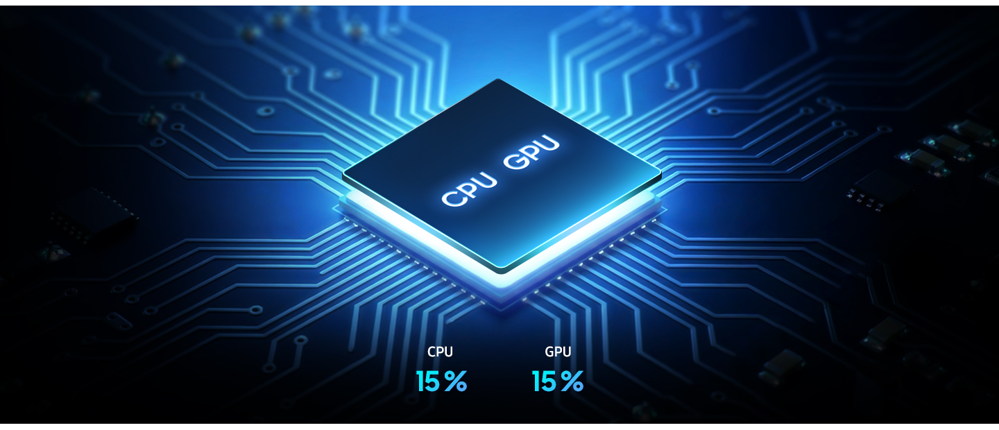 O chip do processador Octa-core do Galaxy A57 5G aparece incorporado em uma grade. O desempenho de CPU e GPU foi aprimorado em 15%.
