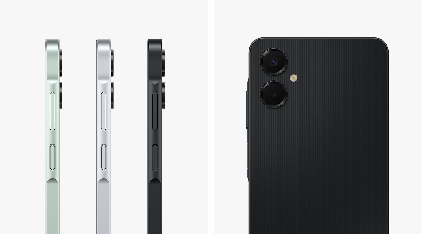 O perfil lateral de quatro dispositivos Galaxy A06 5G nas cores Verde, Cinza e Preto é exibido. A visão traseira de um Galaxy A06 5G Preto também é apresentada, destacando sua configuração de câmera dupla e o design mais fino.