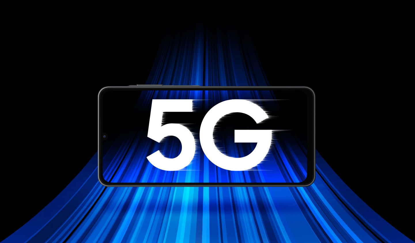 O texto "5G" aparece em grande destaque na tela do Galaxy A06 5G, com linhas de movimento em neon azul ao fundo e atravessando a tela, transmitindo a sensação de velocidade.