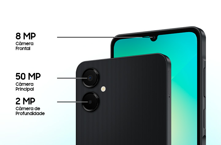 As especificações da câmera do Galaxy A06 5G incluem uma câmera frontal de 8 MP, uma câmera principal de 50 MP e uma câmera de profundidade de 2 MP.