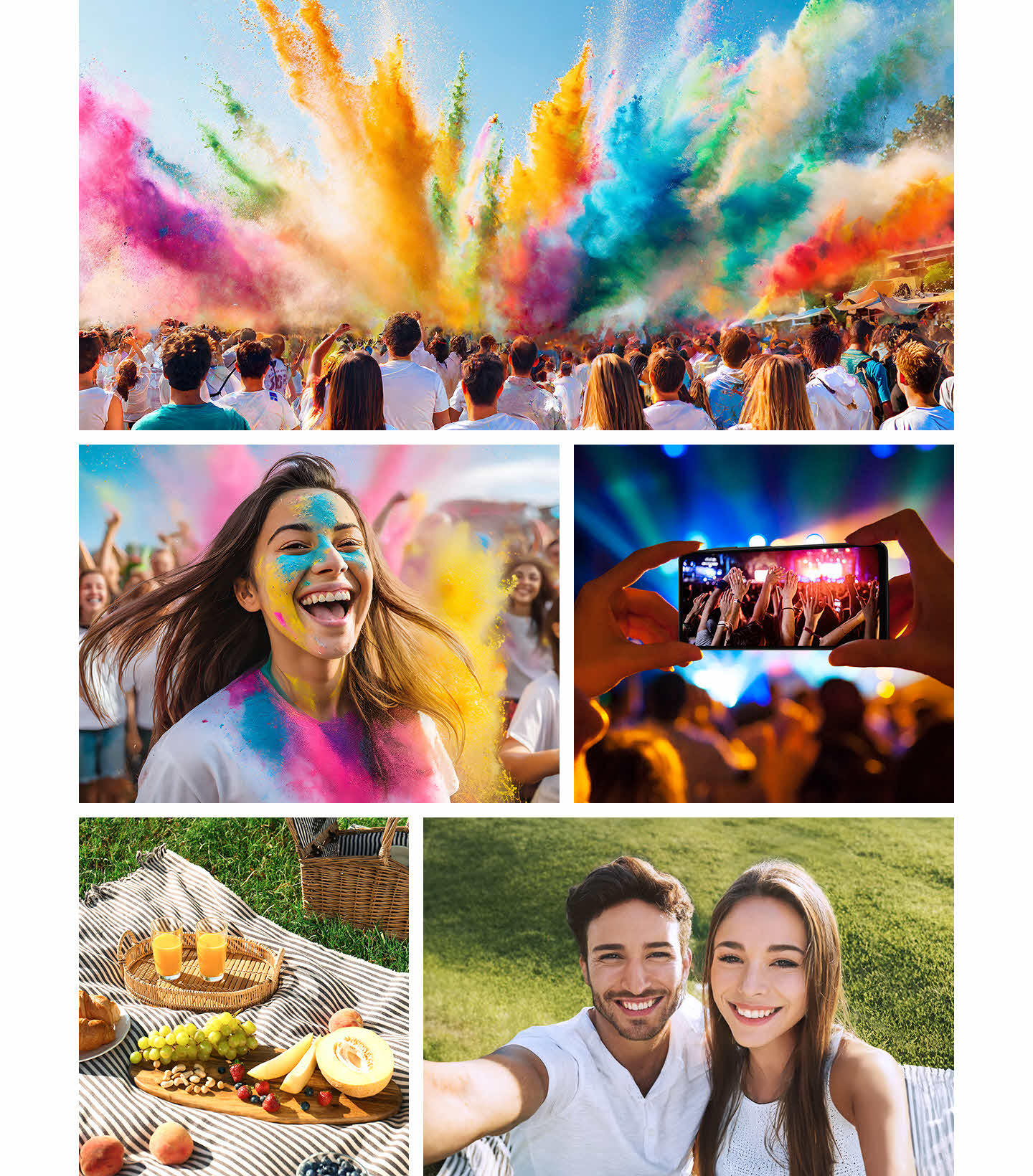 Uma multidão celebrando com pós coloridos. No lado esquerdo, uma mulher sorri com pó colorido no rosto. No lado direito, uma mão segurando o Galaxy A06 5G registra um show a distância. No canto inferior esquerdo, um piquenique com comida e bebidas sobre um cobertor é exibido. No canto inferior direito, um casal sorridente tira uma selfie ao ar livre.
