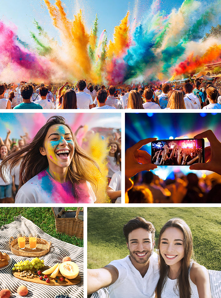 Uma multidão celebrando com pós coloridos. No lado esquerdo, uma mulher sorri com pó colorido no rosto. No lado direito, uma mão segurando o Galaxy A06 5G registra um show a distância. No canto inferior esquerdo, um piquenique com comida e bebidas sobre um cobertor é exibido. No canto inferior direito, um casal sorridente tira uma selfie ao ar livre.