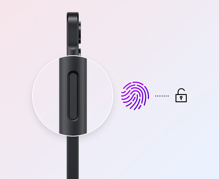 A lateral do Galaxy A06 5G é exibida, destacando o sensor de impressão digital com ícones de cadeado e digital, indicando a funcionalidade de desbloqueio.