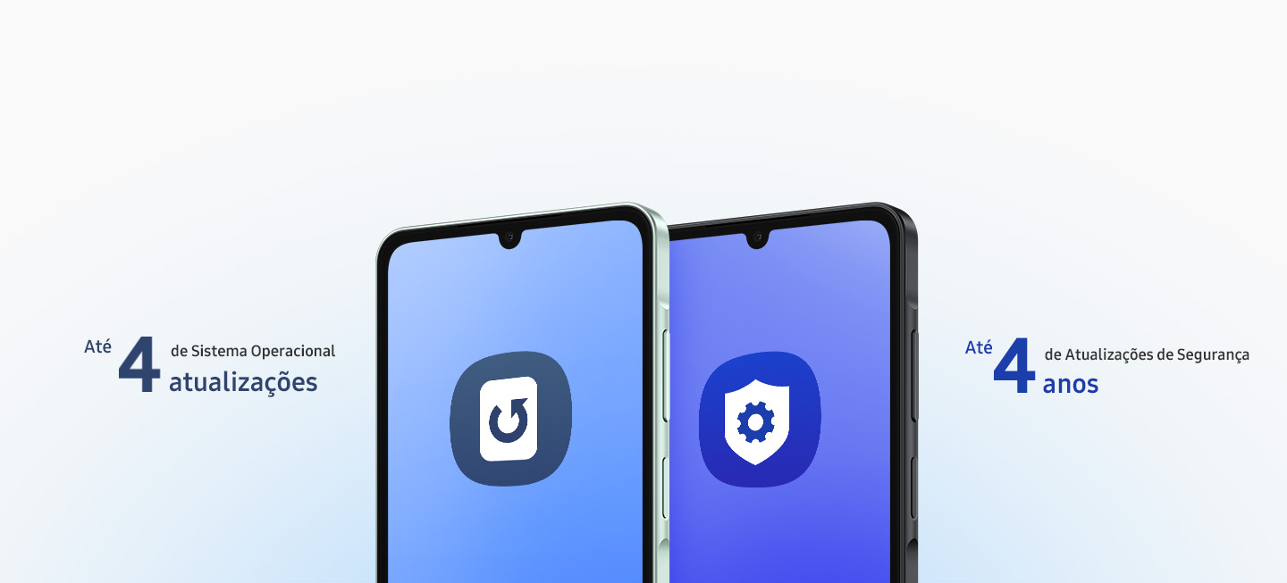 Dois Galaxy A06 5G são exibidos lado a lado, com o texto indicando "Até 4 atualizações de sistema operacional" e "Até 4 anos de atualizações de segurança".