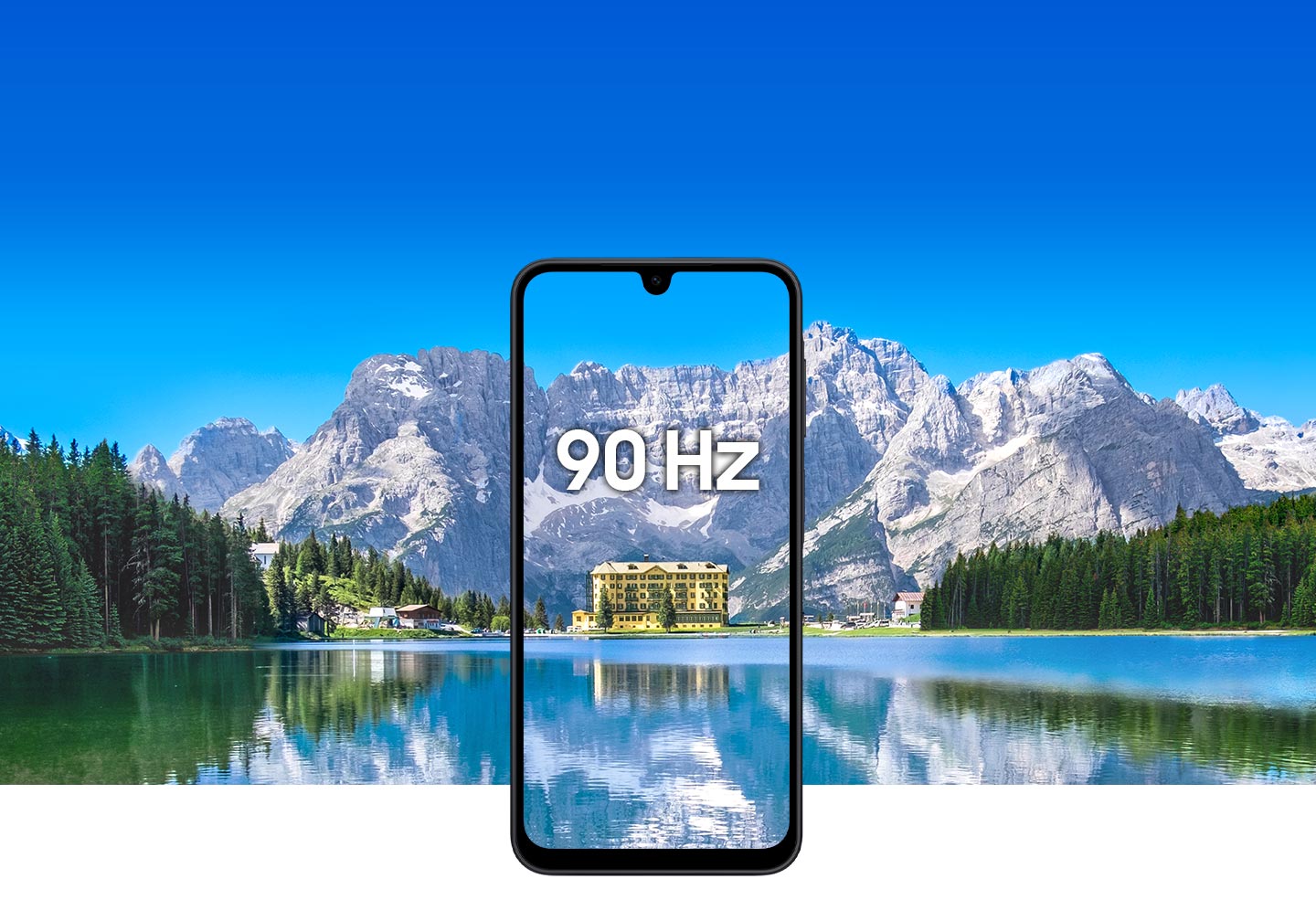 Galaxy A24 com fundo de vale montanhoso e cenário sobreposto na tela. No canto superior direito da tela, há um logotipo de certificação Eye Care Display. Desempenho SGS testado. OLED fornecido pela Samsung.