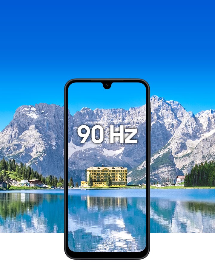 Galaxy A24 com fundo de vale montanhoso e cenário sobreposto na tela. No canto superior direito da tela, há um logotipo de certificação Eye Care Display. Desempenho SGS testado. OLED fornecido pela Samsung.