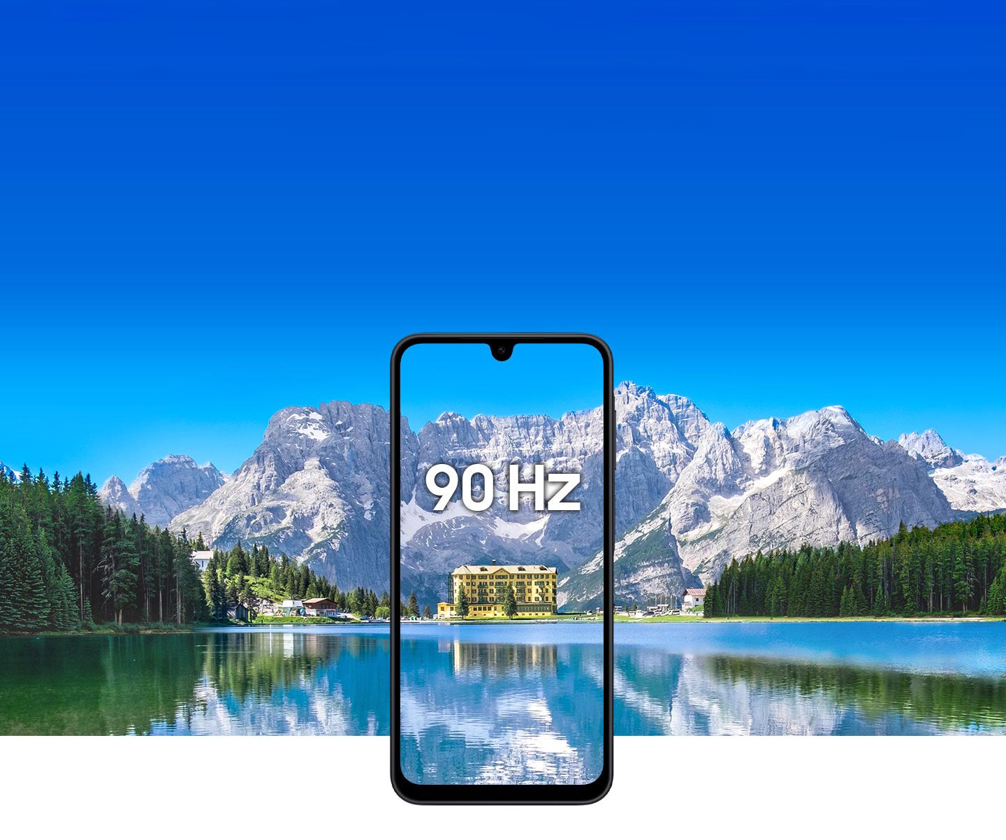 Galaxy A24 com fundo de vale montanhoso e cenário sobreposto na tela. No canto superior direito da tela, há um logotipo de certificação Eye Care Display. Desempenho SGS testado. OLED fornecido pela Samsung.