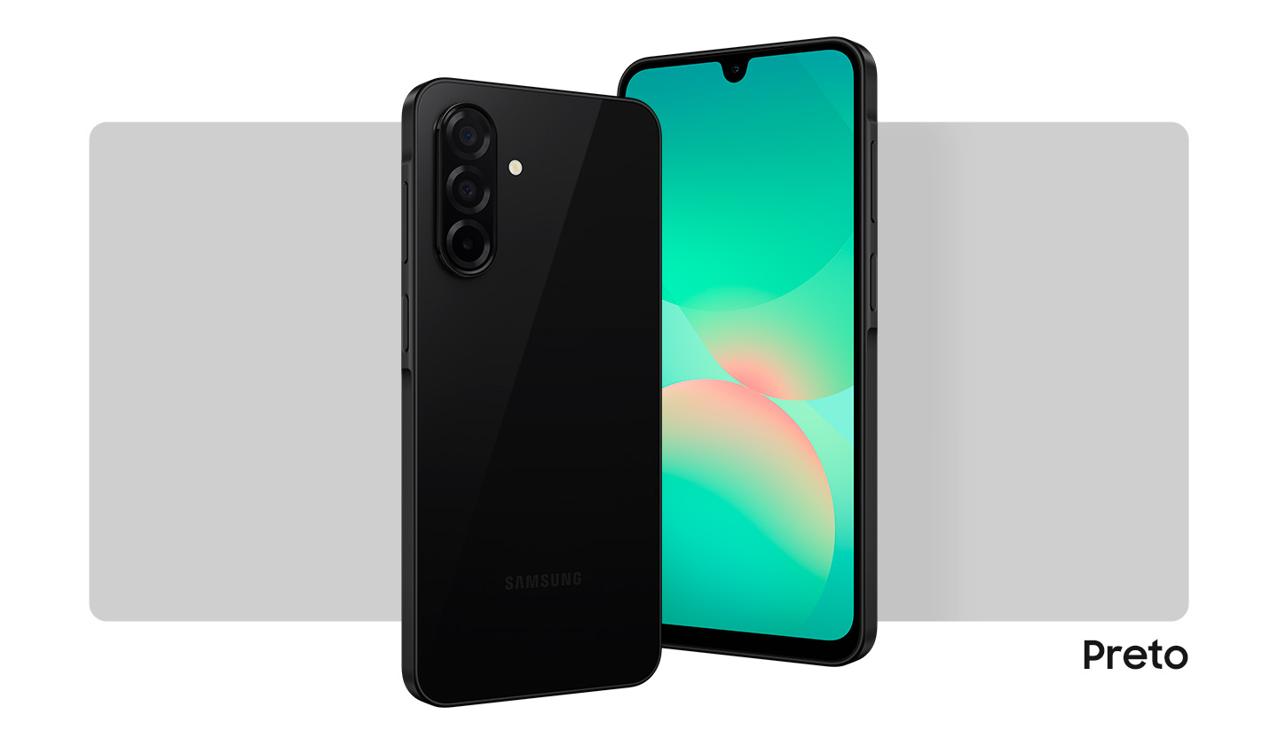 Vemos dois dispositivos Galaxy A26 5G na cor Preta. Um exibe a parte frontal com um gráfico abstrato na tela. O outro mostra o layout da câmera e a parte traseira na cor Preta.