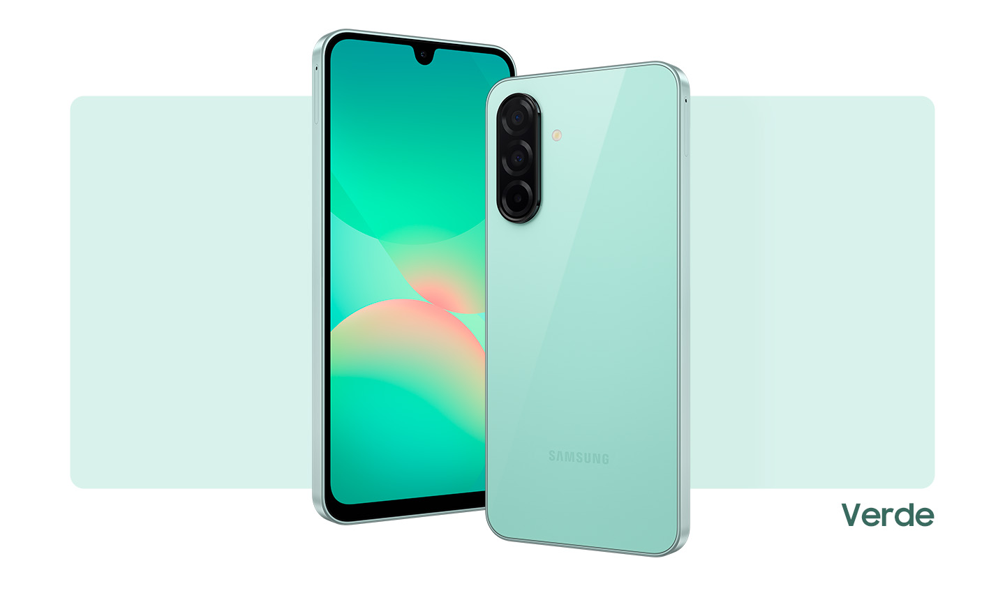 Vemos dois dispositivos Galaxy A26 5G na cor Verde. Um exibe a parte frontal com um gráfico abstrato na tela. O outro mostra o layout da câmera e a parte traseira na cor Verde.