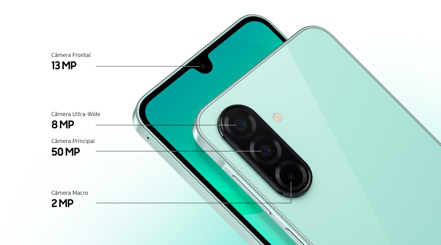 Vemos dois dispositivos Galaxy A26 5G. O da esquerda é visto de frente, destacando a Câmera Frontal de 13 MP. O da direita é visto pela parte traseira, exibindo a Câmera Ultra-Wide de 8 MP, a Câmera Principal e 50 MP e a Câmera Macro de 2 MP.