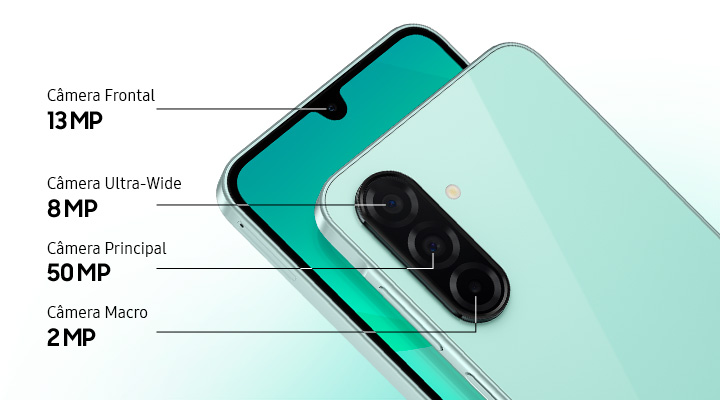 Vemos dois dispositivos Galaxy A26 5G. O da esquerda é visto de frente, destacando a Câmera Frontal de 13 MP. O da direita é visto pela parte traseira, exibindo a Câmera Ultra-Wide de 8 MP, a Câmera Principal e 50 MP e a Câmera Macro de 2 MP.